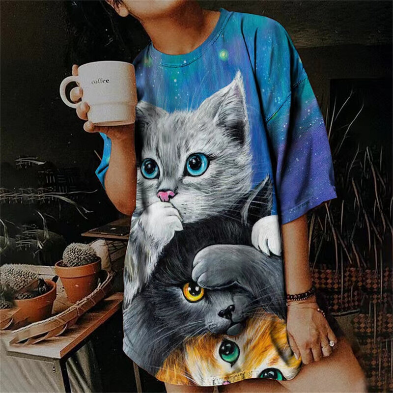 Kaus Musim Panas untuk Wanita 3d Kaus Cetak Mode Kucing Lucu Pakaian Wanita Lengan Pendek Harajuku Hewan Perempuan Kaus Atasan Kawaii