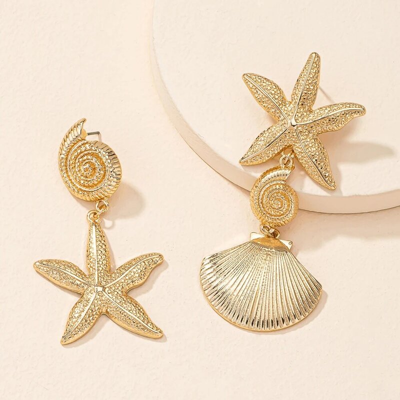 Brinco Starfish Shell para Mulheres, strass de metal, brinco pendente, acessórios leves de luxo, jóias presente para menina, verão, novo