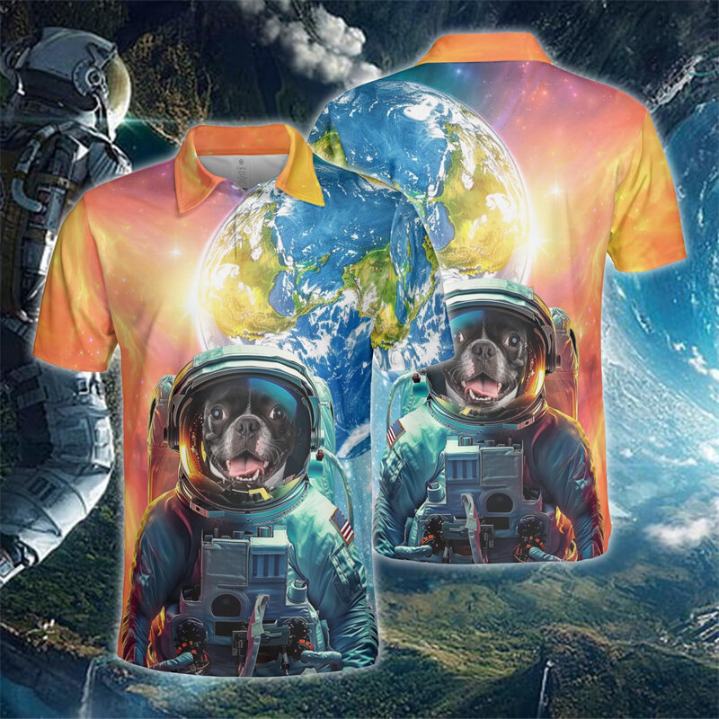 Grappige Husky Astronaut Grafische Poloshirts Voor Mannen Kleding Aarde Beagle Korte Mouw Harajuku Fashion Design Poloshirt Y 2K Tops