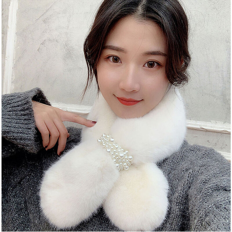Bufanda de perlas gruesa de invierno, versión coreana de lana cálida cruzada, cuello similar a un conejo, nuevo estilo, DZ1