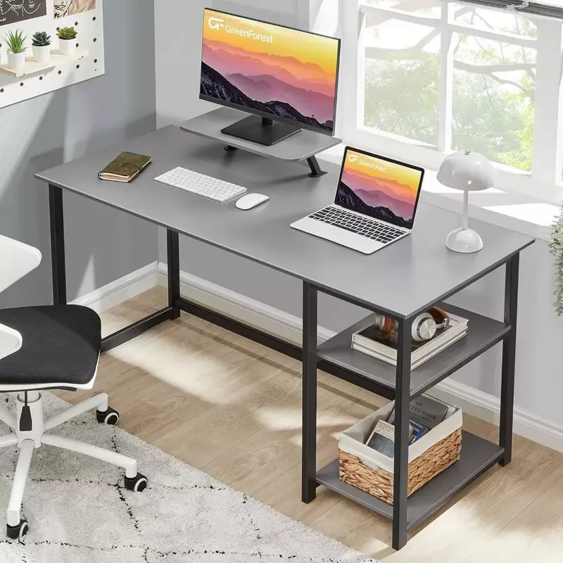 Meja kerja hutan hijau komputer rumah kantor dengan rak penyimpanan di sisi kiri atau kanan, menulis belajar PC Laptop meja kerja