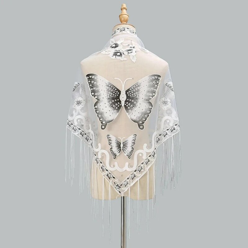 Osłona przeciwsłoneczna Trójkątny szalik Moda Wiatroszczelne okłady Wygodny haft motyla Koronkowy szal z frędzlami Oddychające ponczo
