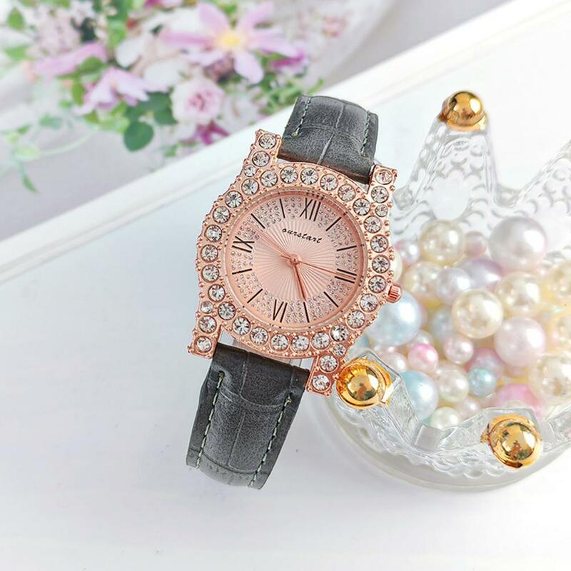 Relógio de pulso estilo strass feminino, elegante relógio de quartzo feminino, mostrador ajustável, pulseira de couro falso, alta para negócios