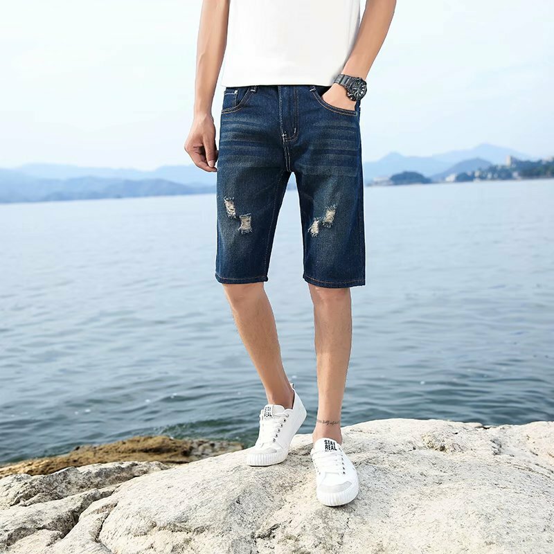Calça jeans perfurante lavável personalizada para homens, calça média casual grande, verão, nova, 28-40