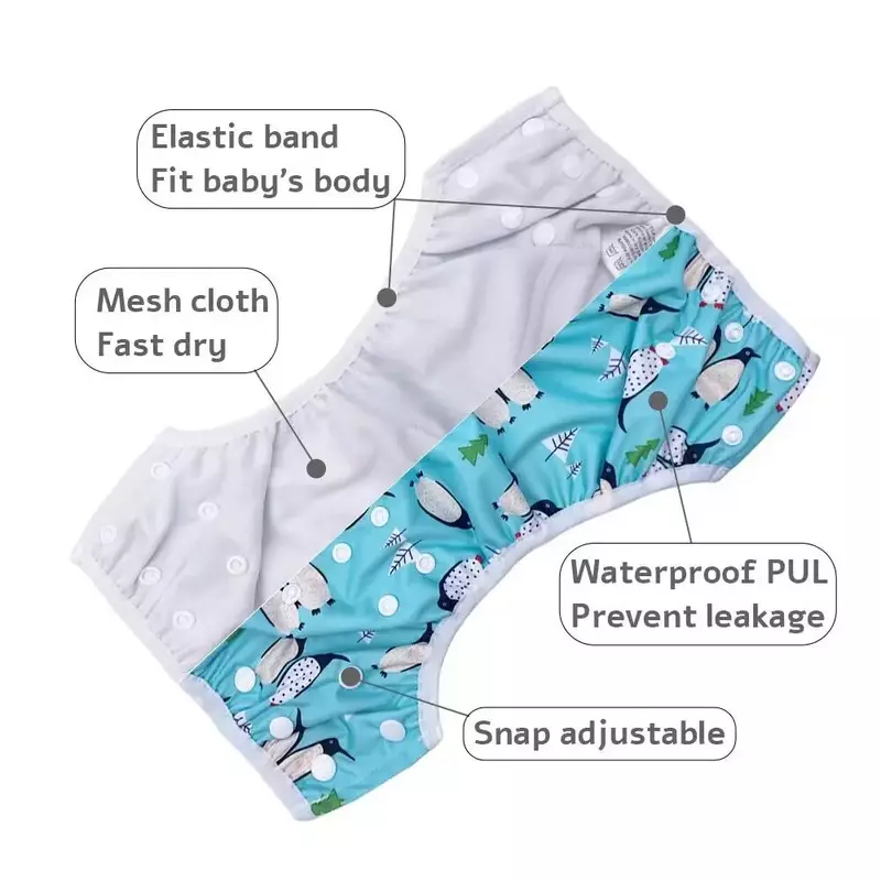 Baby Swim Fraldas com botão ajustável, pano lavável, fraldas impermeáveis reutilizáveis, troncos de piscina, impressão