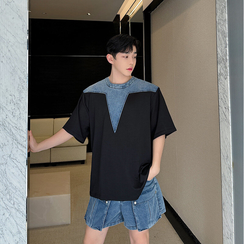 NOYMEI Niche Design Patchwork Denim Round Neck Short Sleeve T-shirt Big Pockets Shorts Men's Two Pieces Set Fashion WA4477