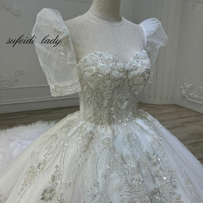 2022 Wedding Dress With Detachable Sleeves Floral Appliques Lace Crystal Saudi Arabic Bridal Gowns