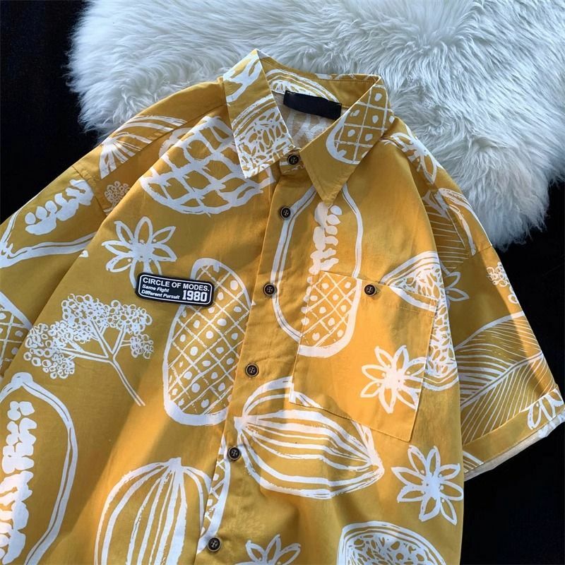 Гавайская Свободная рубашка с коротким рукавом и цветочным принтом, для мужчин и женщин, летняя Модная Повседневная пляжная рубашка в американском стиле для пар, новинка 2024