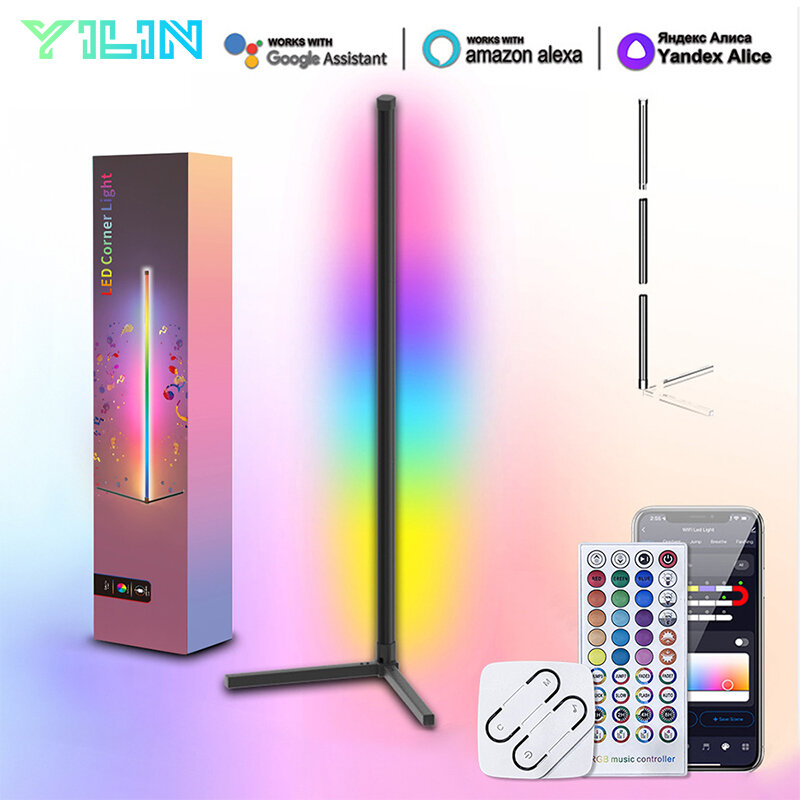 Lâmpada de assoalho LED RGB inteligente com controle remoto, luz de humor, 16 milhões de mudanças de cores, APP e controle remoto, cor de sonho