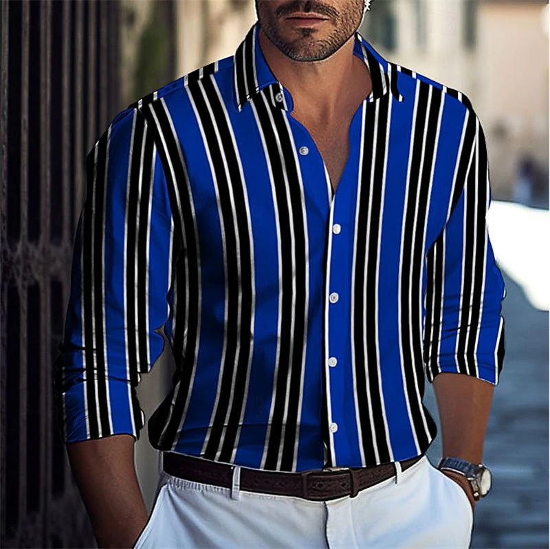 Camisa de manga larga con estampado a rayas para hombre, Camisa ajustada con botones, diseño de moda, informal, suave, para exteriores, calle, 2024