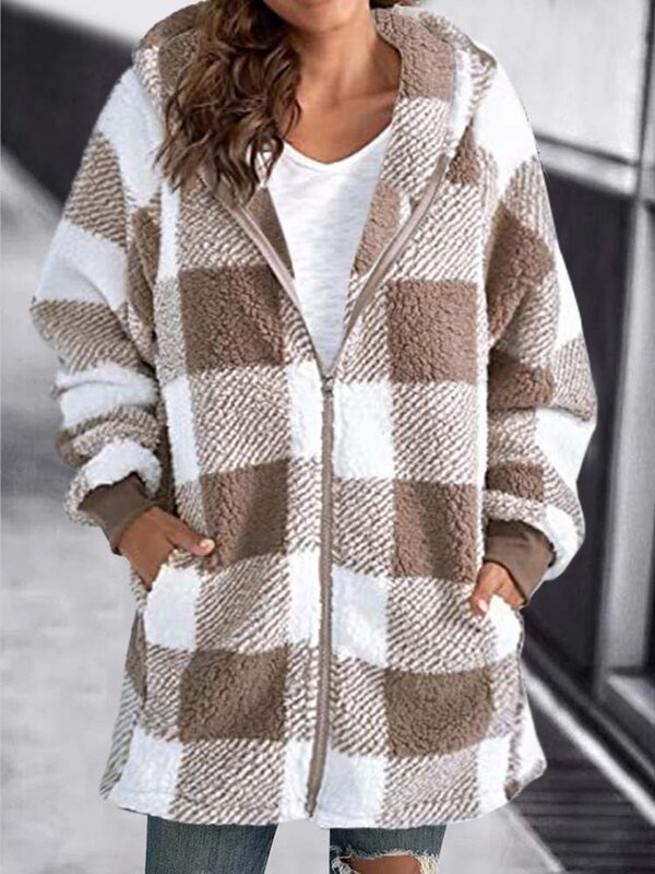 2023 jesienno-zimowa w kratę płaszcz ze sztucznego futra kobiet pluszowy płaszcz kurtki z kapturem damskie futrzane pluszowa kurtka kobiet