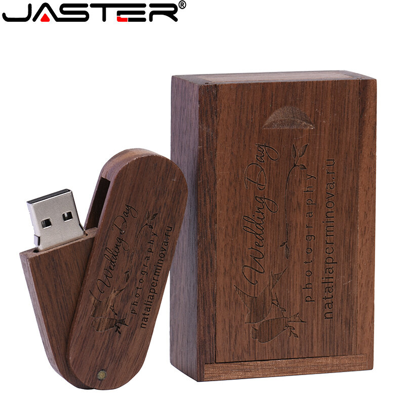 JASTER 5PCS/LOT Wooden USB 2.0 Flash Drives 128GB Free Logo Rotatable Pen drive 64GB With Box Memory stick Creative gift U disk
