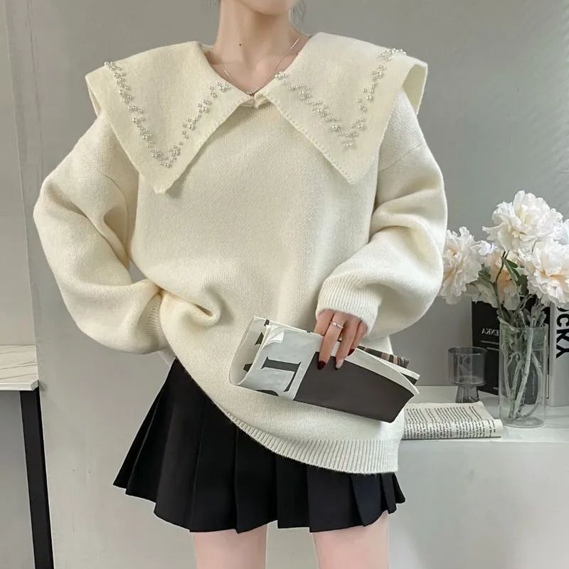 Hsa New Year's Red Doll Collar Beaded Sweater Women's Kawaii Autumn and Winter New Loose Western Style Red Sweet Pullovers
