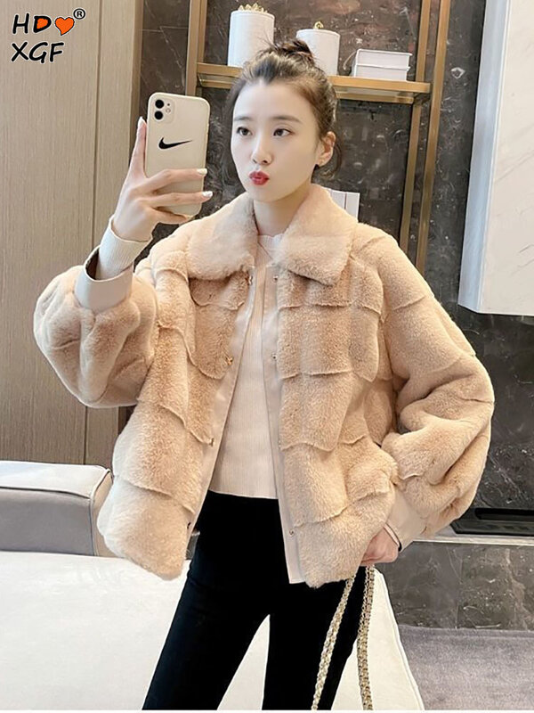 Korean Fashion Lapel Single Breasted Long Sleeve Coat Autumn Winter Solid Color Thickening Faux Fur Jacket Casual All-match Tops