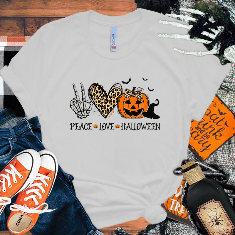 Peace Love 할로윈 프린트 티셔츠 남녀공용, 하라주쿠 캐주얼 라운드넥 반팔 상의, 여름 티셔츠, 신제품