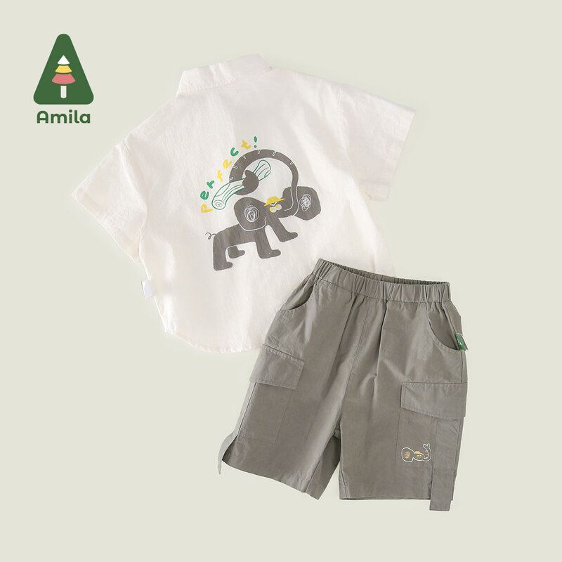 Amila Baby Boys Set 2024 Summer New Cotton Striped Printed T-shirt & Denim Shorts Breathable Comfort Set 0-6Y