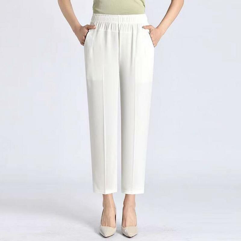 Calça elástica de cintura alta feminina, perna reta, bolsos reforçados, streetwear casual, elegante, confortável