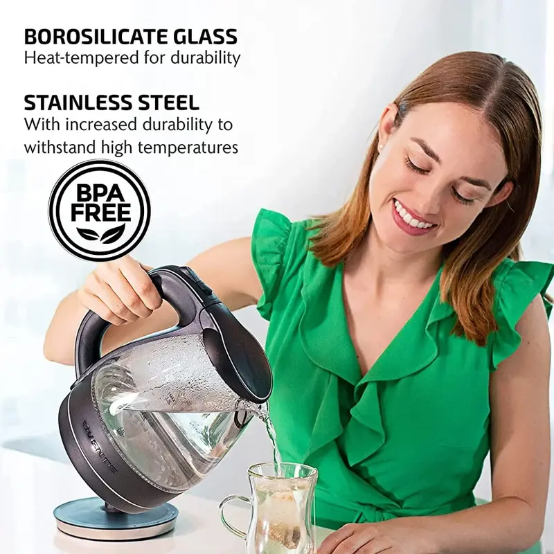 Portable Electric Glass Kettle 1.5 Liter with Blue LED Light and Stainless Steel Base, Fast Heating Countertop