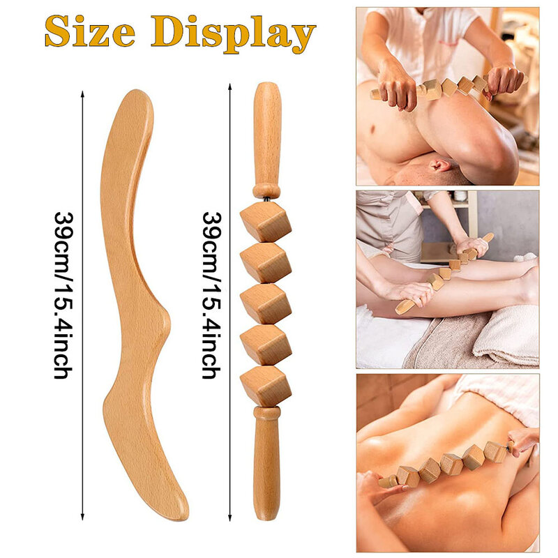 Rodillo de masaje de madera de 2 piezas, herramienta Gua Sha de madera, terapia de drenaje linfático para alivio del dolor muscular de espalda anticelulitis