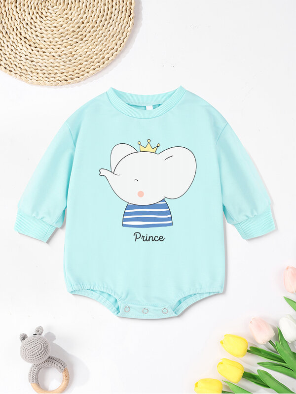 Baby Boy Prins Onesie Schattige Cartoon Olifant Print Populaire Pasgeboren Esthetische Kleding Blauw O-hals Comfy Ademende Lange Mouw