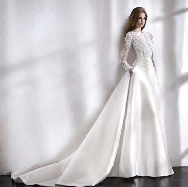 Vestido de casamento vintage sem encosto, vestido de noiva branco elegante, manga comprida, bolso, até o chão, italiano