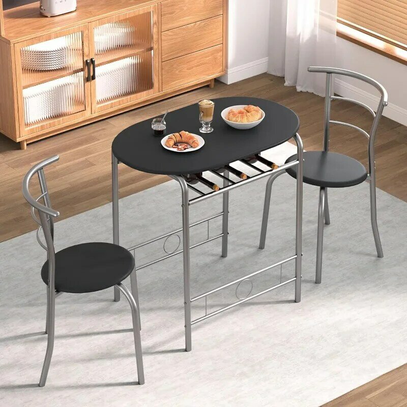 VECELO 3 Piece Small Round Dining Table Set for Kitchen Breakfast Nook, Wood Grain Tabletop with Wine Storage Rack, Save Space