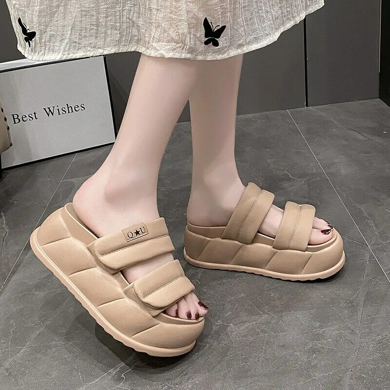 Sandalias de tacón de gruesas 7CM para Mujer, zapatillas de playa de plataforma alta sin cordones, chanclas de cuero de fondo grueso para verano