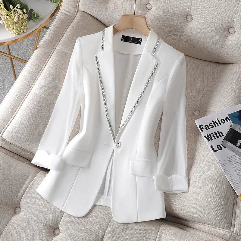 Женский блейзер с пайетками, летний солнцезащитный пиджак белого цвета, новый костюм, куртка, женский модный тонкий черный кардиган, осень 2022