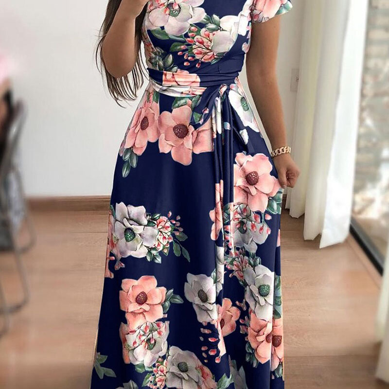 Dresses O-neck Casual Floral Pullover Empire Short Sleeved Summer Belt 2022 New Leisure Popularity Print Loose Women's Clothing