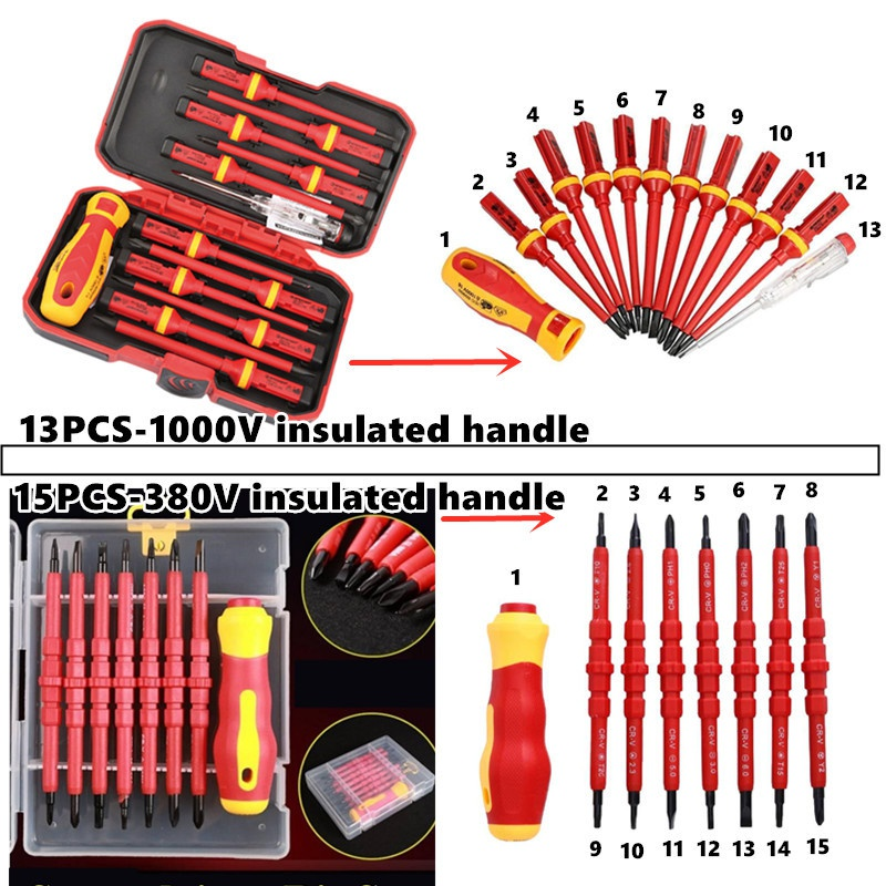 1PC/15PCS 380V/13PCS 1000V Changeable Insulated Screwdriver Set And Magnetic Slotted Bits Repair Tool Electrician Tools