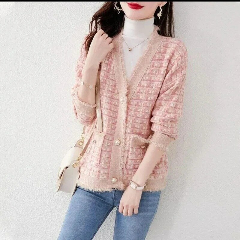2024 Spring Autumn New Knitted Cardigan Jacket Women Long Sleeve V-Neck Knitted Sweaters Female Casual All-Match Ladies Coat Top