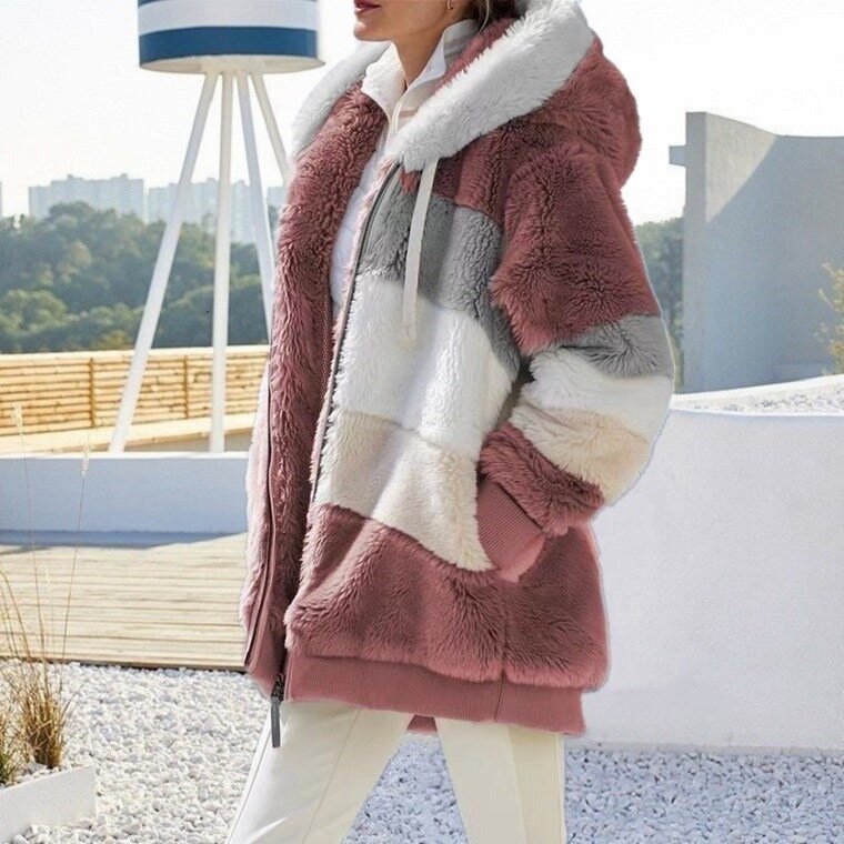 Casaco acolchoado de pelúcia contrastante feminino, ajuste solto, fecho de zíper, capuz, várias cores, Casacos, Inverno, Novo, 2022