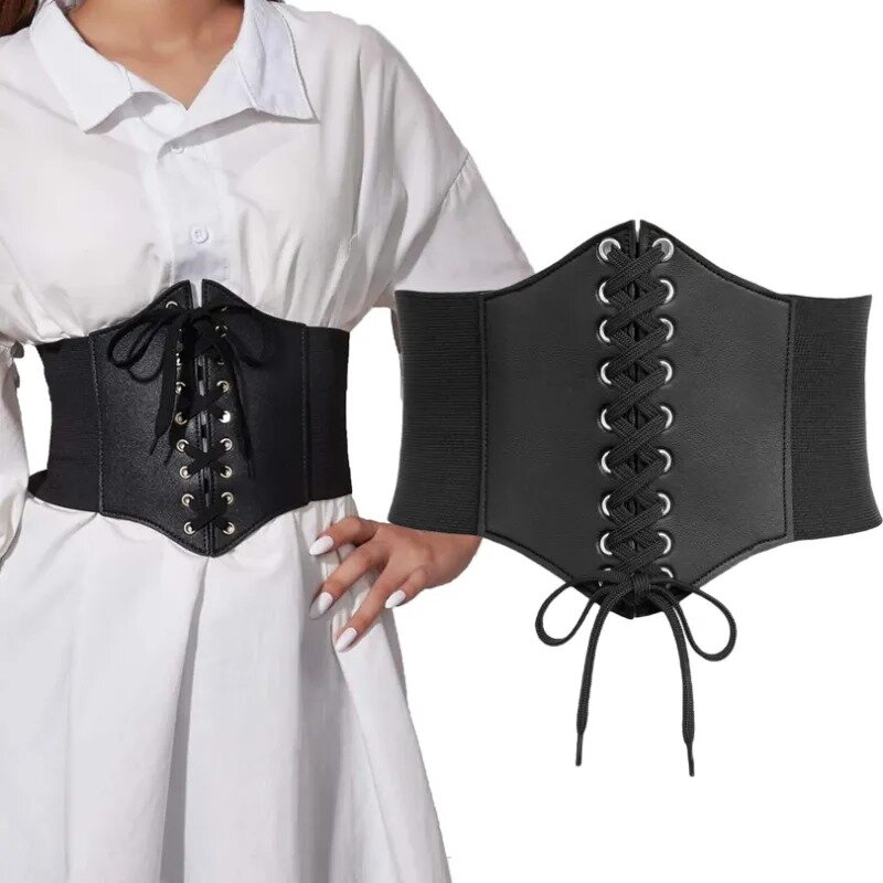 Cinturón de corsé ancho negro para mujer, moda gótica, cuero PU con cordones, cinturones de corsé adelgazantes, cintura Vintage, cinturón de corsé para niñas