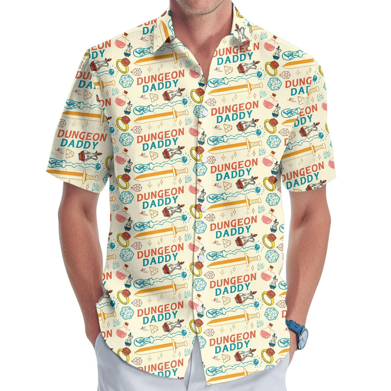 Dungeon Daddy 남성용 그래픽 셔츠, 3D 프린트, 재미있는 하와이안 셔츠, 패션 캐주얼 Y2k 탑 라펠