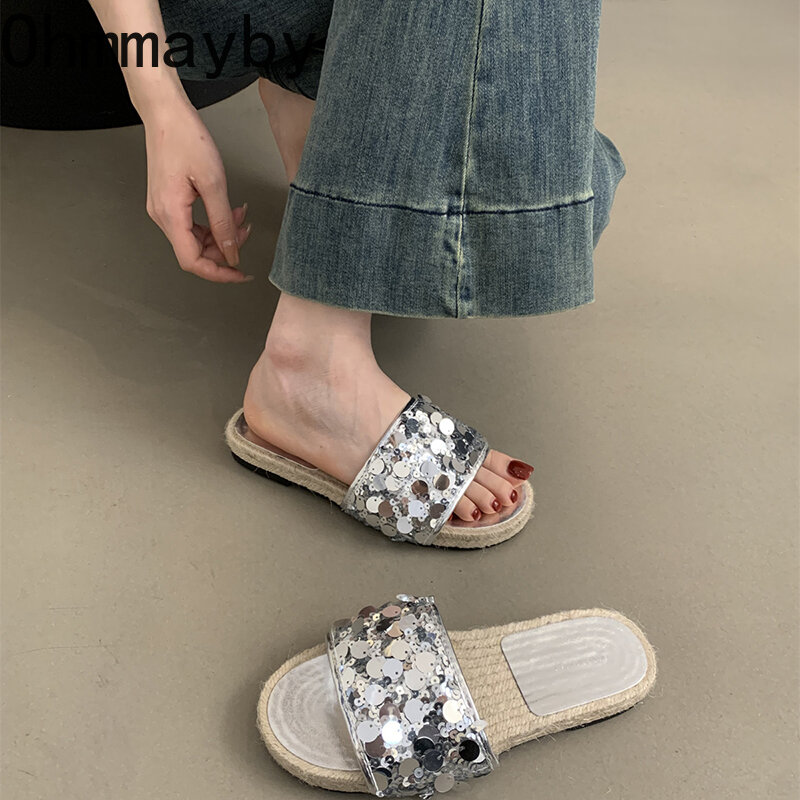 Zapatillas tejidas de hierba para mujer, zapatos planos de tacón sin cordones con punta abierta, Sandalias de playa para exteriores, 2024