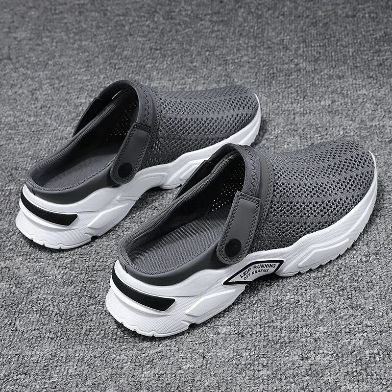 Sandálias de malha respirável para homens, sapatos casuais, meio chinelos, escorregar, andar, praia, ao ar livre, verão, 2024