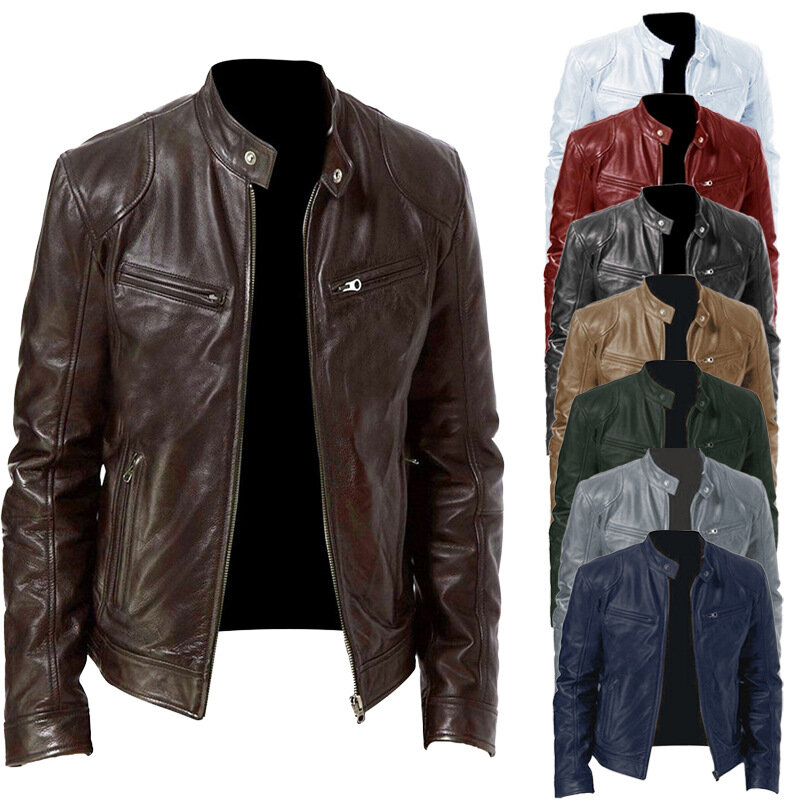 Jaqueta de couro PU masculina, slim fit, casaco curto, lapela, zíper, stand, windproof, vestuário, novo, outono