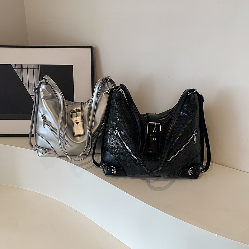 女性用ベルトデザインショルダーバッグ,シルバークロスオーバーバッグ,女性用ハンドバッグと財布,韓国のファッション,y2k,2024