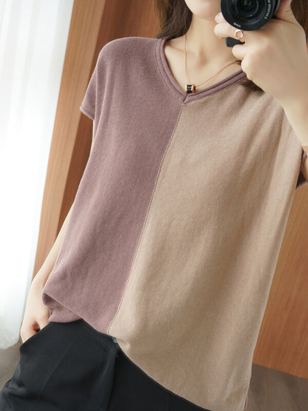 Pull Femme Knit Top For Women Summer 2022 Thin Sweater Short Sleeve Top Ladies Sweaters Contrast Color Clothes Sueters De Mujer