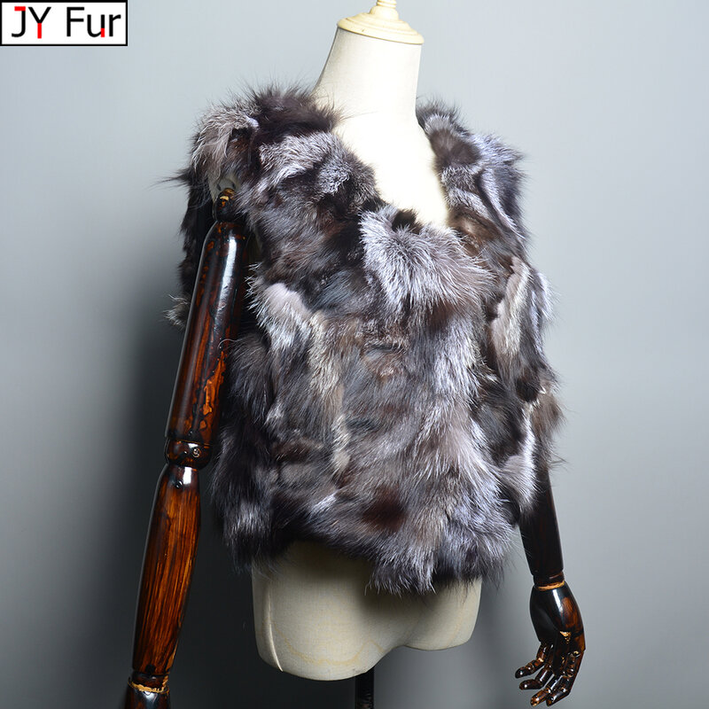 Hot Sale Women Real Fox Fur Vest Winter Warm 100%Natural Real Silver Fox Fur Waistcoat Lady Fashion Genuine Fur Gilets