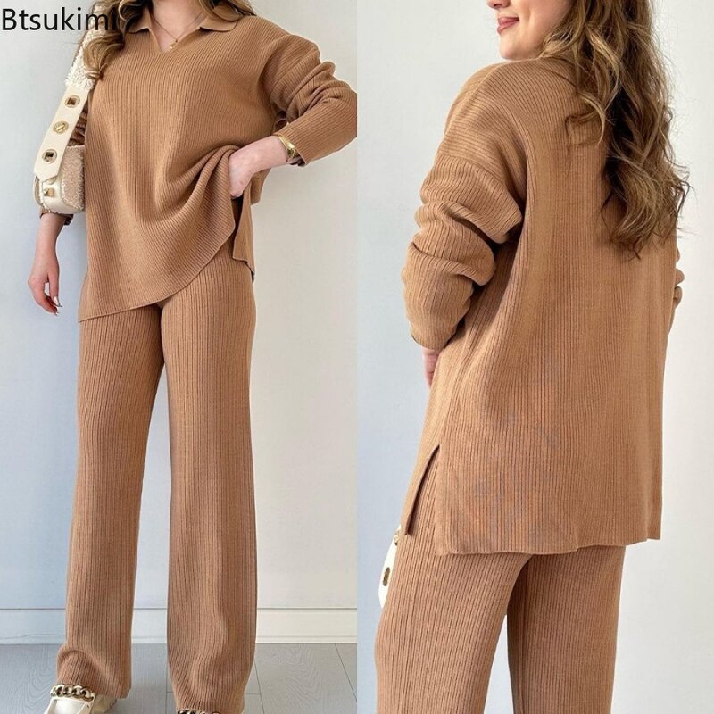 2024 Women's Knitted Pullover Suit Sets 2PCS Solid V Neck Split Loose Female Pants Set Wide Leg Pants High Waist Matching Sets