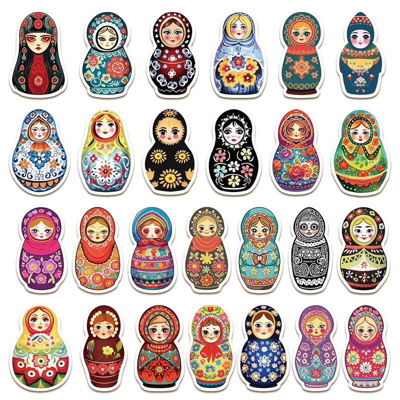 Pegatinas rusas de anidación para muñecas, pegatinas decorativas de estilo retro europeo y americano, para equipaje, iPad, guitarra, monopatín, DIY, 52 piezas