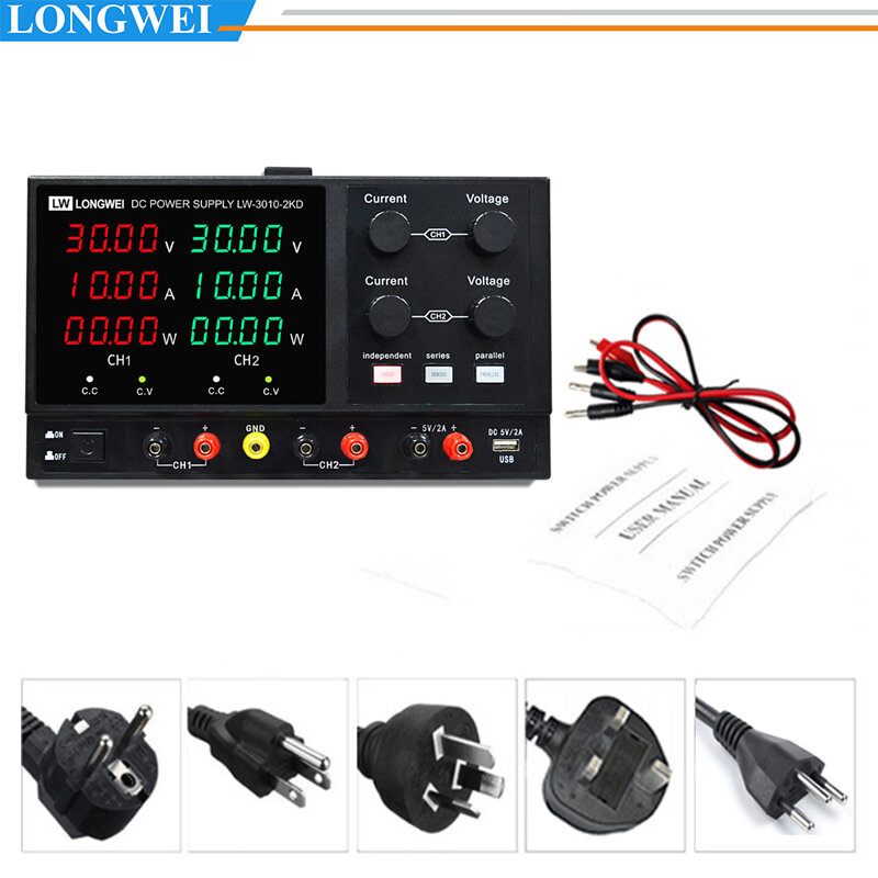 LW-1003-2KD Longwei Fonte de alimentação de bancada ajustável, interface USB de carga rápida, display LED de 4 dígitos, 100V, 3A