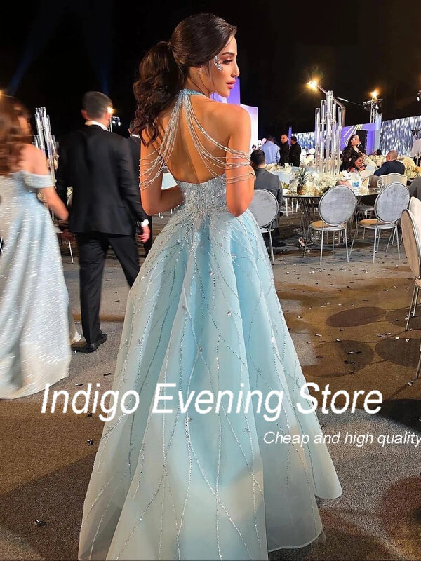 Suknie balowe w kolorze indygo z błyszczącym tiulem bez rękawów A linia cekinowa damska wizytowa suknia wieczorowa 2024 vestidos de gala mujer