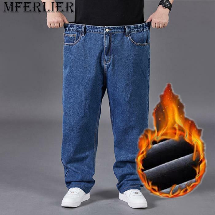 جينز رجالي فضفاض واسع الساق دافئ ، بنطلون طويل فضفاض ، جينز مقاس كبير للشتاء ، من 30 إلى 48