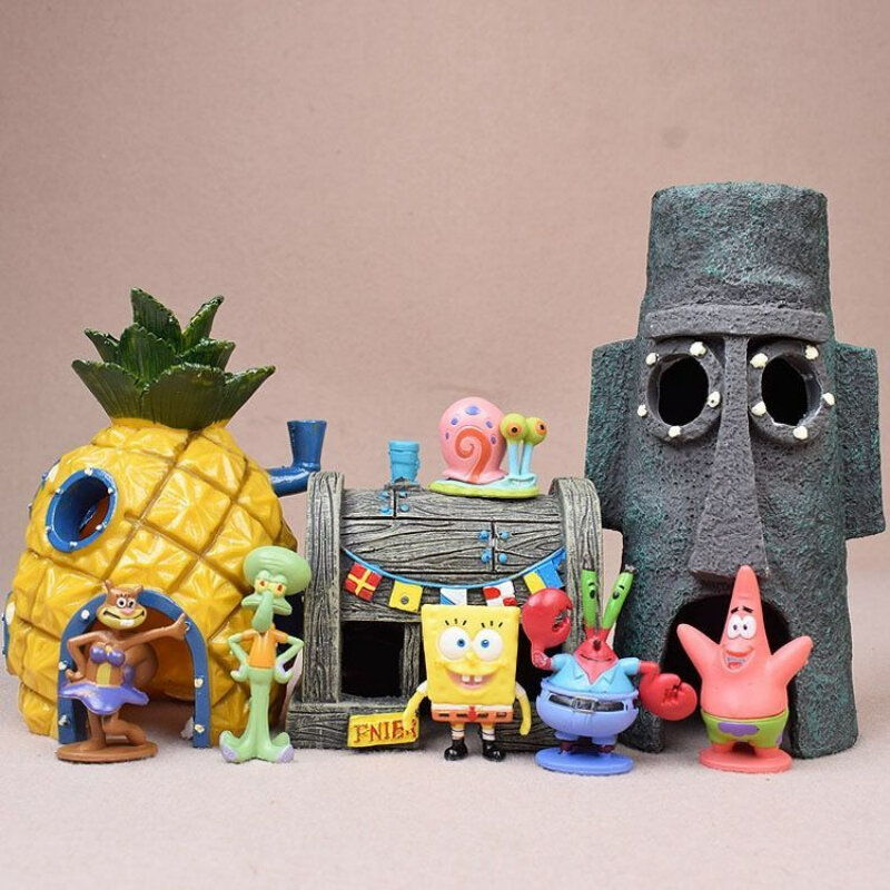 Spongebobs figuras de acción de Anime, Mini muñecas de dibujos animados, decoración de pecera, paisajismo, accesorios de Acuario, conjunto de regalos de cumpleaños para niños