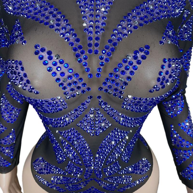 Świecący niebieski strój z kryształu górskiego kobiety seksowna piosenkarka tancerki na występ kostium taneczny jazzowej na scenie ubrana w impreza w klubie nocnym strój Yueya