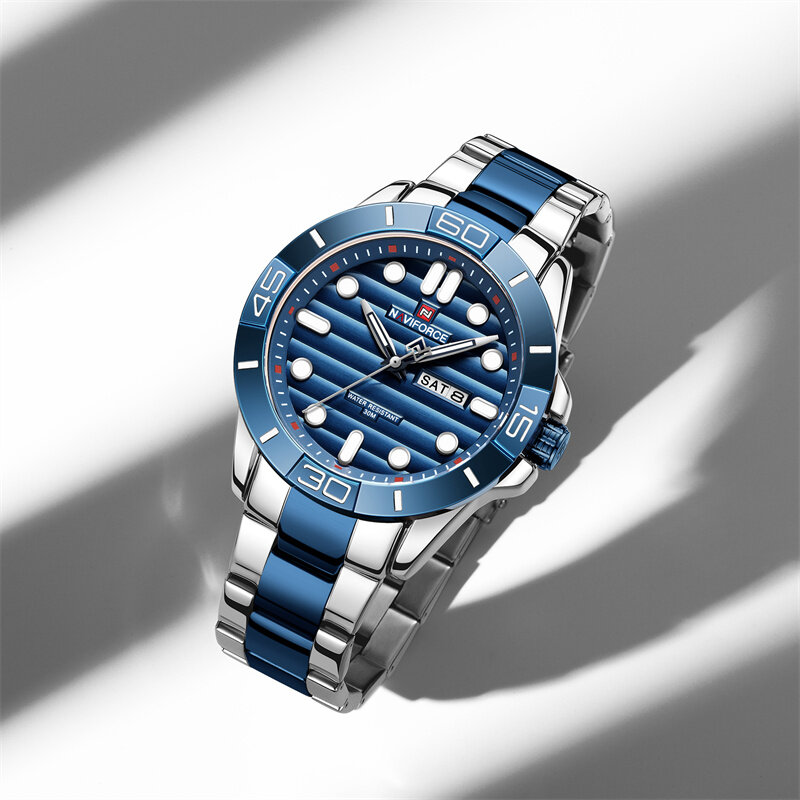 Top marka NAVIFORCE Casual męskie zegarki kwarcowe Luminous zegarki wodoodporne stalowy pasek wojskowy Sport męski zegar