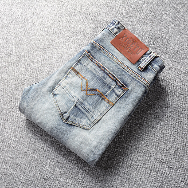 Estilo italiano moda masculina calças de brim retro cinza azul elástico ajuste fino rasgado calças de brim do desenhista do vintage calças de brim hombre
