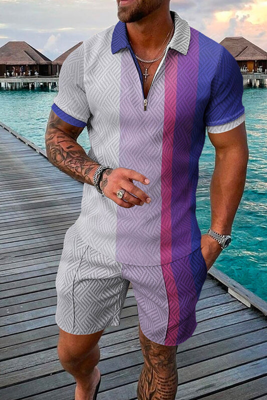 Men Summer Polo Shirt Set 2 Pieces Hawaii Tracksuit Casual Business Suit Fashion Trun Down Collar Zipper Clothing Vintage Outfit